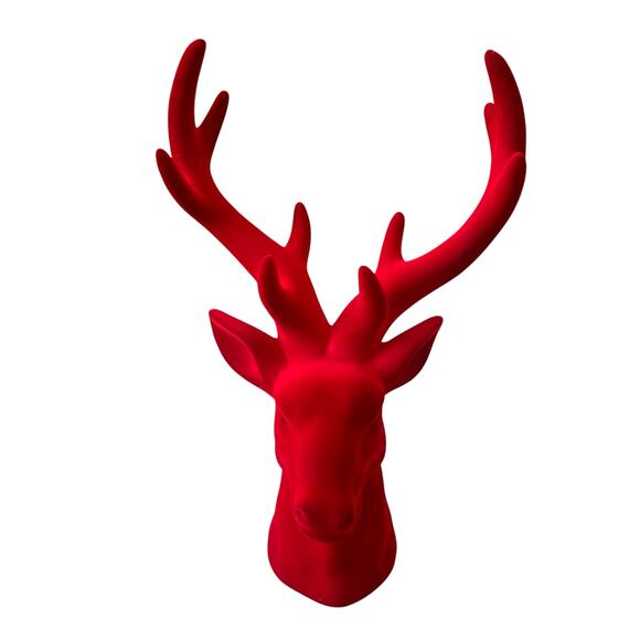 Zodax Red Flocked Stag Deer Head 16in Christmas Holiday Decor New - Picture 1 of 10